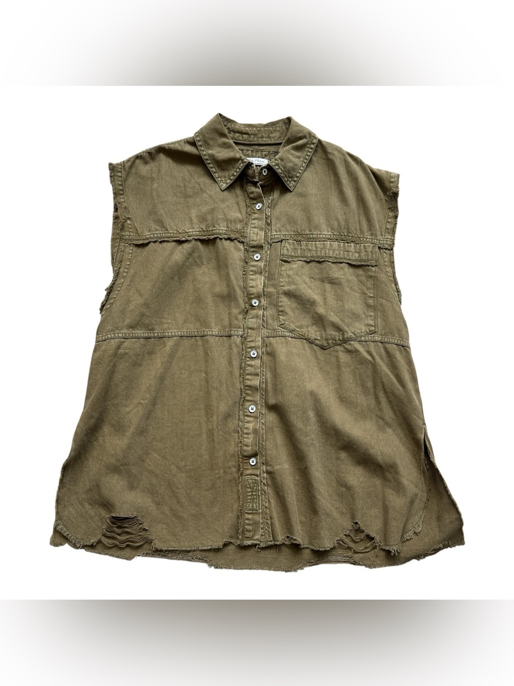 Free People We The Free Olive Utility Vest Oversized Distressed Cotton Military - Picture 3 of 12